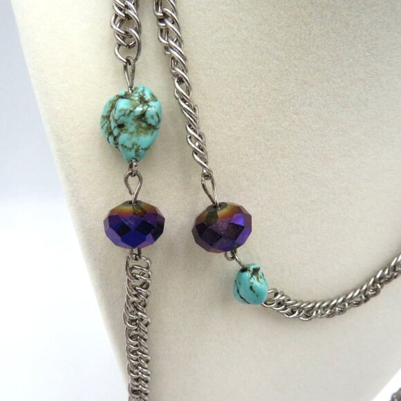 Station Bead Necklace 42" Long Silver Tone Chain Turquoise Faceted Blue Beads - Picture 2 of 6